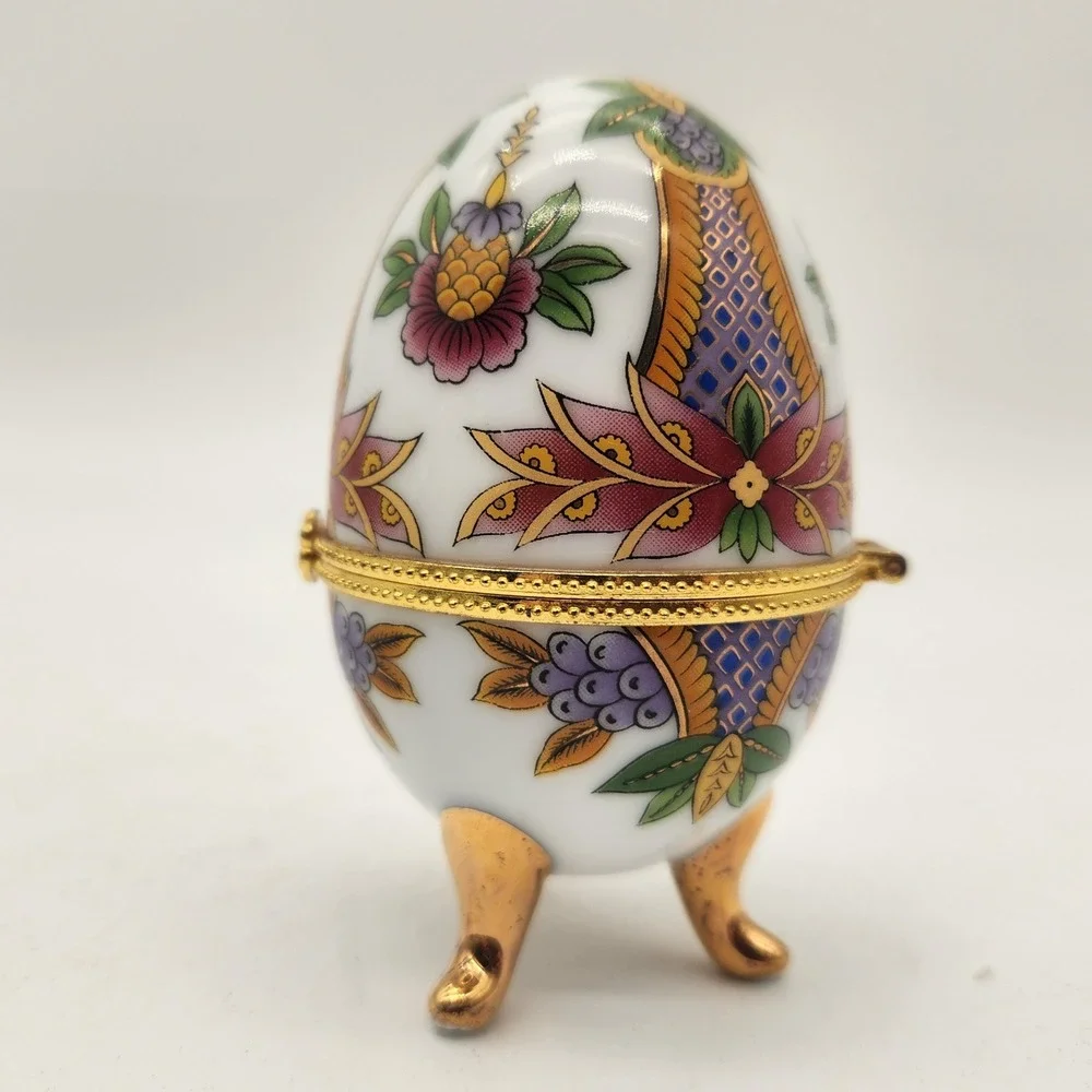 Vintage Porcelain Egg Trinket Box Hinged Footed Floral Gold Trim Limoges Style
